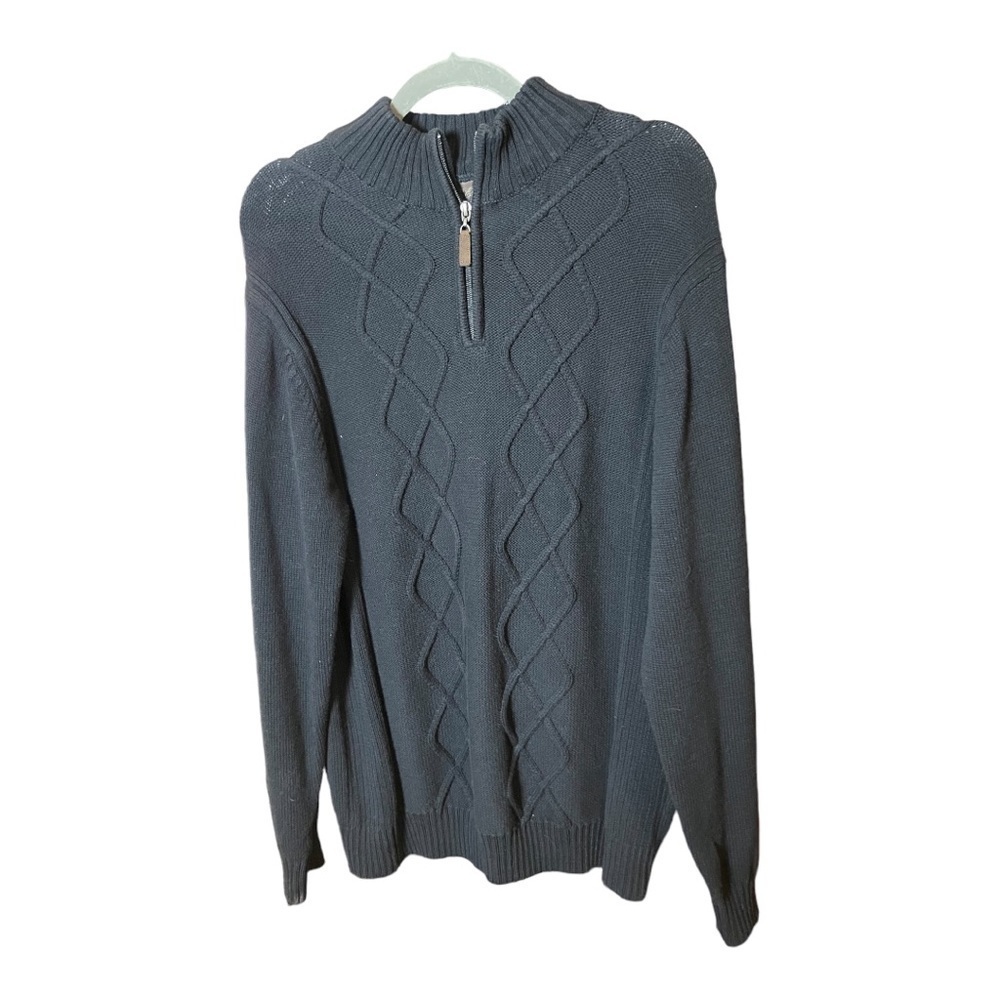 Tasso Elba Quarter Zip Sweater Black Navy Cabled Cotton M